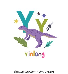 Yinlong. Cute cartoon hand drawn illustration with dinosaur and Y letter. Vector illustration