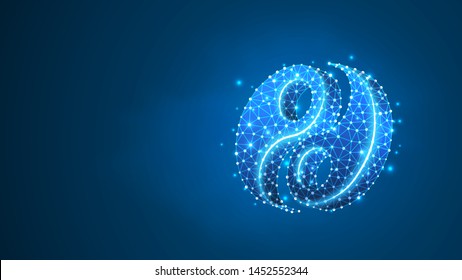 Yin-Yan sign. Life balance, business solution, buddhism symbol, harmony concept. Abstract, digital, wireframe, low poly mesh, vector blue neon 3d illustration. Triangle line dot