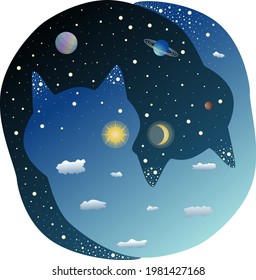 Yin-yang cats with cosmos and sky inside. Night cat with moon and stars, day cat with sun and clouds. Colorful vector illustration for children