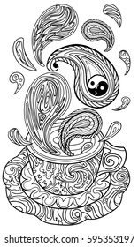 Yin-yang. Cup with abstract patterns in the style of zentangle, doodle. Hand drawn illustration, coloring book for adults. Vector illustration. ?ucumber. black and white. Outline