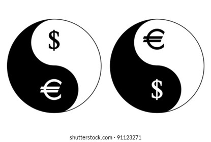 Yin-Yang currency symbols, dollar- euro, vector
