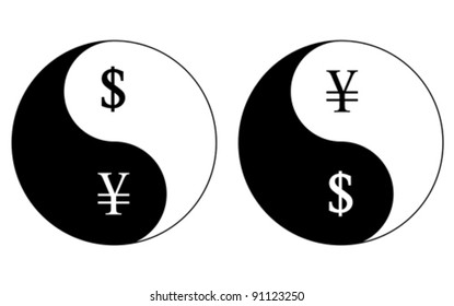 Yin-Yang currency symbols, dollar-yen, vector