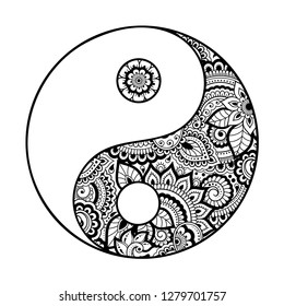 Yin-yang hand drawn symbol. Circular pattern - sign interaction of opposites for Mehndi, henna and tattoo. Decorative ornament in oriental style. Coloring book page.