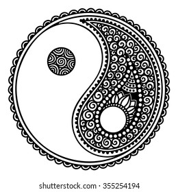 Yin-yang hand drawn symbol. Circular pattern - sign interaction of opposites for Mehndi, henna and tattoo. Decorative ornament in oriental style. Coloring book page.