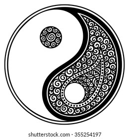 Yin-yang hand drawn symbol. Circular pattern - sign interaction of opposites for Mehndi, henna and tattoo. Decorative ornament in oriental style. Coloring book page.