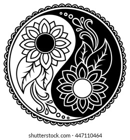 Yin-yang hand drawn symbol. Circular pattern - sign interaction of opposites for Mehndi, henna and tattoo. Decorative ornament in oriental style. Coloring book page.