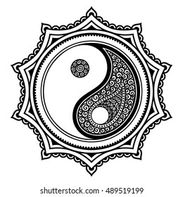 Yin-yang hand drawn symbol. Circular pattern - sign interaction of opposites for Mehndi, henna and tattoo. Decorative ornament mandala in oriental style. Coloring book page.