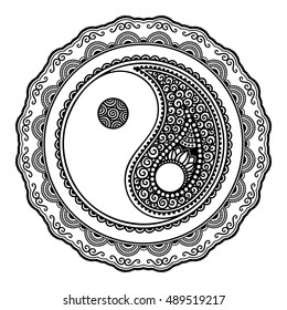 Yin-yang hand drawn symbol. Circular pattern - sign interaction of opposites for Mehndi, henna and tattoo. Decorative ornament mandala in oriental style. Coloring book page.