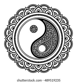 Yin-yang hand drawn symbol. Circular pattern - sign interaction of opposites for Mehndi, henna and tattoo. Decorative ornament mandala in oriental style. Coloring book page.