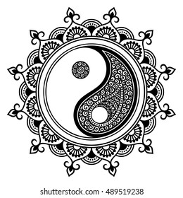 Yin-yang hand drawn symbol. Circular pattern - sign interaction of opposites for Mehndi, henna and tattoo. Decorative ornament mandala in oriental style. Coloring book page.