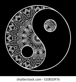 Yin-yang hand drawn symbol. Circular pattern - sign interaction of opposites for Mehndi, henna and tattoo. Decorative ornament in oriental style. Coloring book page.