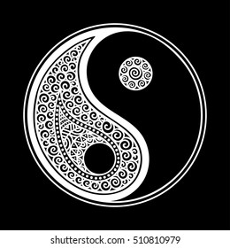 Yin-yang hand drawn symbol. Circular pattern - sign interaction of opposites for Mehndi, henna and tattoo. Decorative ornament in oriental style. Coloring book page.