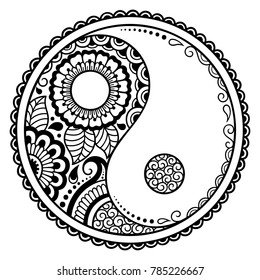 Yin-yang hand drawn symbol. Circular pattern - sign interaction of opposites for Mehndi, henna and tattoo. Decorative ornament in oriental style. Coloring book page.