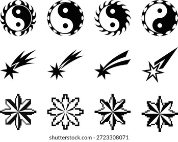 Iconos de vectores de copo de nieve de estrella fugaz Yin-Yang. Símbolos e íconos de Vector negro minimalista Abstractas. Conjunto de logotipo geométrico moderno. Armonía espiritual, gráficos de astronomía, temas de invierno, tatuajes, pegatinas.