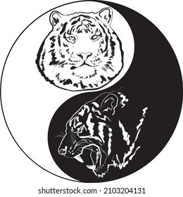 Yin-Yang Sign in Grayscale with a transparent background. The grin of the Tiger. Vector illustration. Lineart.