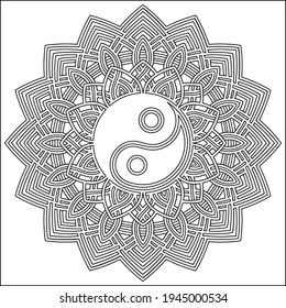 Yin-Yang symbol. Coloring book for adult in Oriental style with ethnic ornaments. Circular mandala pattern for henna, mehndi, tattoo, decoration. Decorative ornament