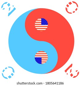 Yin-yang symbol, red and blue, with circles in the colors of the USA flag. Symbolism of the 2020 Presidential Election