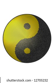 The Yin-Yang symbol in a stylized 3d form, built from little squares.