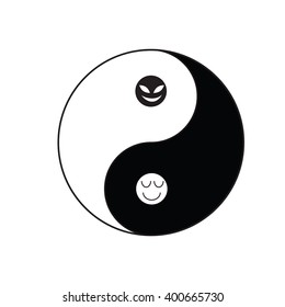 Yin-Yang symbol of Taoism religion in Chinese tradition with good and evil face in each color mean there is good in bad and bad in good in real ife