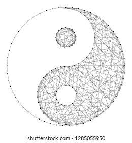 Yin-yang symbol of universality and harmony of dualism of forces from abstract futuristic polygonal black lines and dots. Vector illustration.