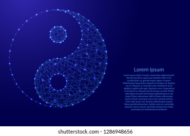 Yin-yang symbol of universality and harmony of dualism of forces from futuristic polygonal blue lines and glowing stars for banner, poster, greeting card. Vector illustration.