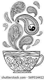 Yin-yang.Coffee Cup with abstract patterns in the style of zentangle, doodle. Hand drawn illustration, coloring book for adults. Vector illustration. coffee beans, paisley,
cucumber. black and white