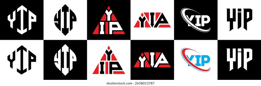 Diseño de logotipo de letra YIP en seis estilos. YIP polígono, círculo, triángulo, hexágono, estilo plano y simple con logo de letra de variación de color blanco y negro en una mesa de trabajo. Logotipo minimalista y clásico de YIP
