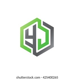 YJ initial letters looping linked hexagon logo black gray green