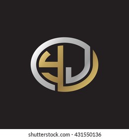 YJ initial letters looping linked ellipse elegant logo golden silver black background