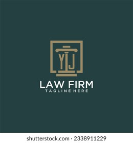 Logo inicial de monograma YJ para la firma de abogados con diseño de hitos en cuadrado creativo