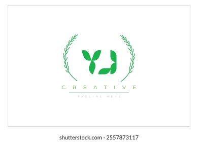 YJ letters eco logo with leaf. Fresh nature and healthy leaf logo design.