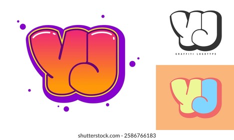 YJ logo design for festival or party. Initial letter y and j in graffiti style. Creative modern lettering company name of font typography. Kids trendy logotype or identity. Vector illustration.