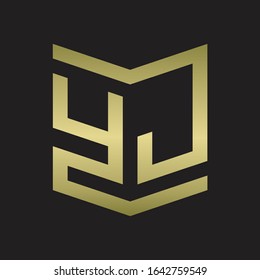 YJ Logo Emblem Monogram With Shield Style Design Template Isolated On gold colors