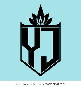YJ Logo featuring a minimalist design with a crown-like flower symbol on top, bold black elements, and a soft blue background, perfect for branding and modern visual identity.