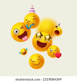 YJoy, happy and fun. Yellow balls with faces. Emotion expression . Holiday, singing, joy, fun, party, laughter, music, concert, birthday, win and special offer