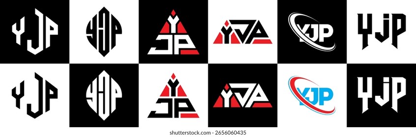 YJP carta logotipo design em seis estilo. Polígono YJP, círculo, triângulo, hexágono, estilo simples e plano com logotipo de letra de variação de cor preto e branco definido em uma prancheta. YJP minimalista e logotipo clássico