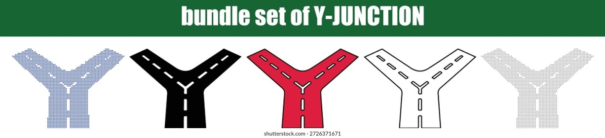 Y-Junction Road Silhouette Vector in Line Art, Dotted and Star Pattern Style, Minimal Street and Traffic Illustration Collection