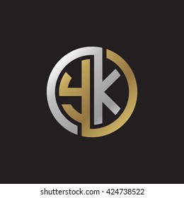 YK initial letters looping linked circle elegant logo golden silver black background
