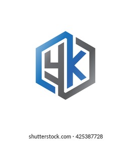 YK initial letters looping linked hexagon logo black gray blue