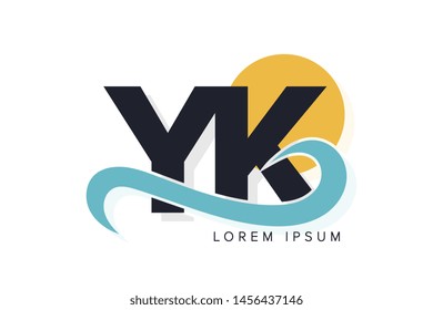 YK letter logo with ocean waves and sunset. Beach concept design