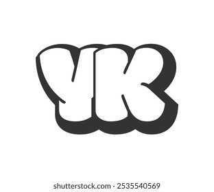 YK logo, bubble comic lettering, rounded in graffiti style black and white silhouette. Trendy preschool Y and K letter text for festival party, personal initials, children funky print and web. Vector 