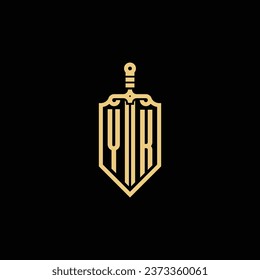 Protector vintage YK y logotipo inicial de la espada en un diseño profesional de alta calidad que se imprimirá en cualquier medio impreso