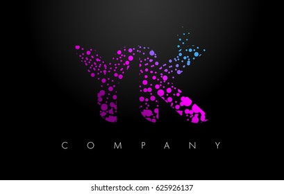 YK Y K Letter Logo with Purple Blue Particles and Bubble Dots Design Vector.