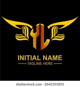 YL Golden Wing Emblem Logo with elegant gold wings, sleek and modern design. Ideal for branding, creative projects, luxury businesses, or artistic ventures.