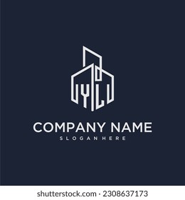 YL initial monogram logo for real estate with building style