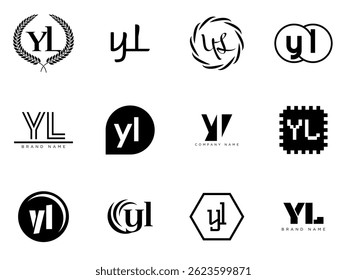 YL logo company template. Letter y and l logotype. Set different classic serif lettering and modern bold text with design elements. Initial font typography. Collection trendy business identity.