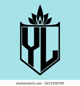 YL Logo featuring a minimalist design with a crown-like flower symbol on top, bold black elements, and a soft blue background, perfect for branding and modern visual identity.
