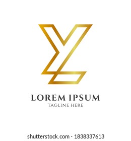 Logo de monograma de letras YL o LY con forma de línea en color de oro degradado