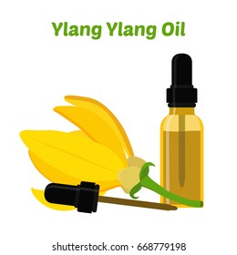 Ylang ylang (cananga) natural oil. Essential oil, cosmetics, spa, aromatherapy. Liquid in a bottle. Made in cartoon flat style