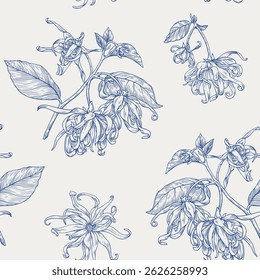 Ylang Ylang flowers, floral seamless pattern. Hand drawn graphics elements. Toile blue beige. Vintage Vector botanical illustration for packaging design, cosmetics, branding, fashion apparel, textile